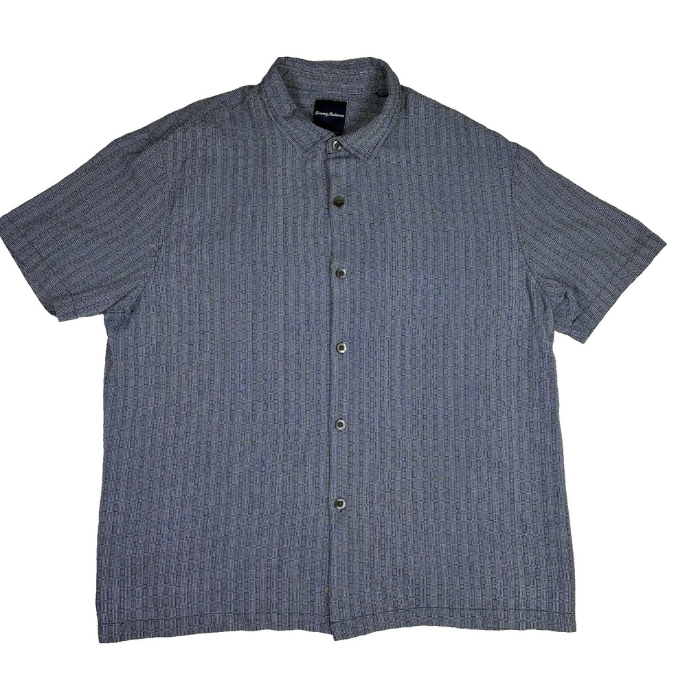 Tommy Bahama 100% Silk Camp Shirt 3XL Blue Geo Getaway Resortwear Casual Boho